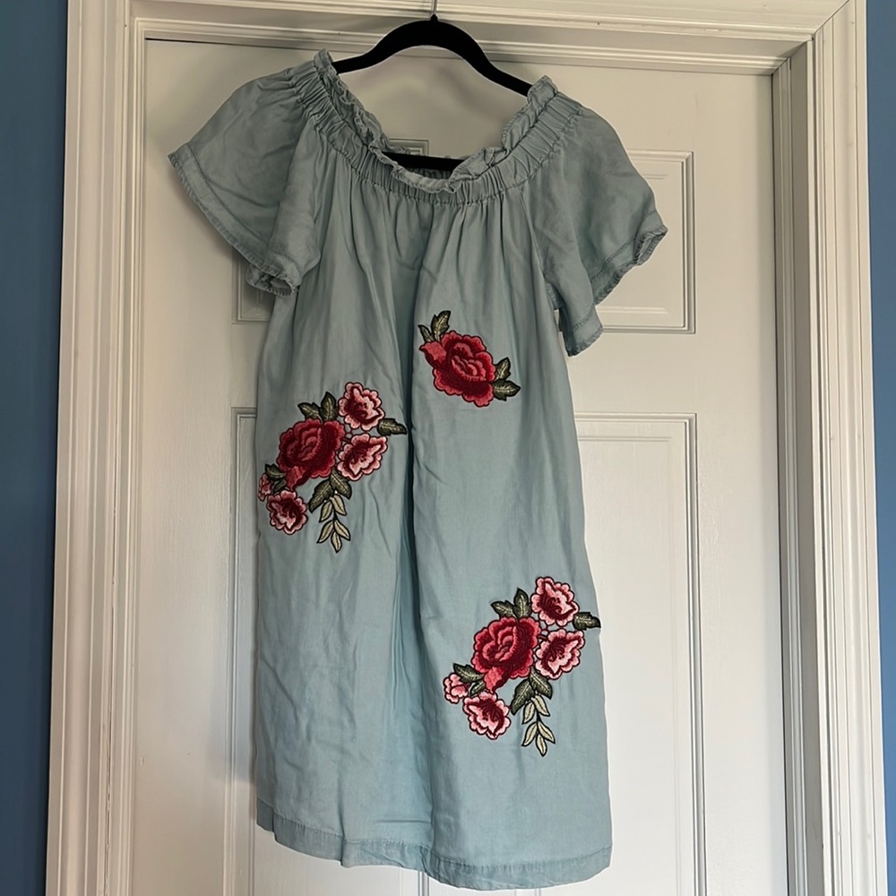 A.N.A women’s XS blue rose floral patch chambray dress spring summer